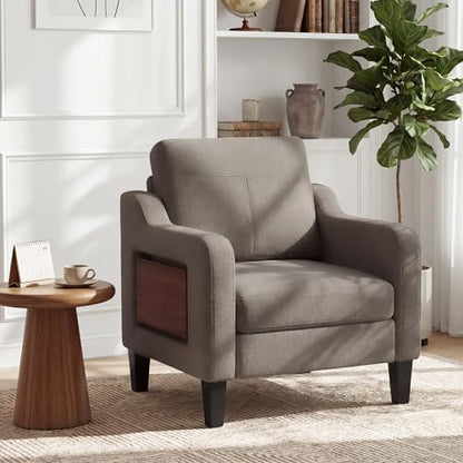 Accent Chair for Living Room, Mid-Century Upholstered Armchair with Foldable Table & 2 Side Pockets, Modern Linen Wooden Sofa Chair for Bedroom & Reading Room, Light Grey