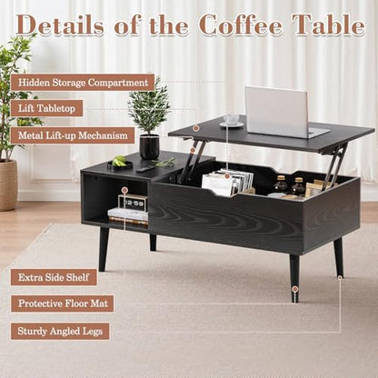 OLIXIS Wood Lift Top Coffee Table with Hidden Compartment and Large Storage Shelf, Lift Tabletop Dining Center Table for Home Living Room Office, Black