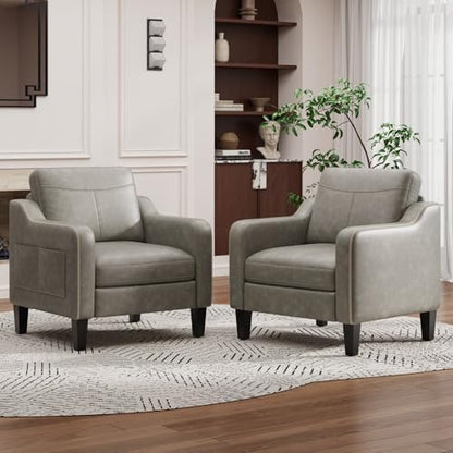 MALOL PU Leather Accent Chair, Mid-Century Modern Living Room Armchair Sofa with Removable Cushions, Solid Wood Frame & Stitched Armrest Design, Bedroom Chair with Plastic Legs, Chocolate Brown — Grey / Set of 1 (2)