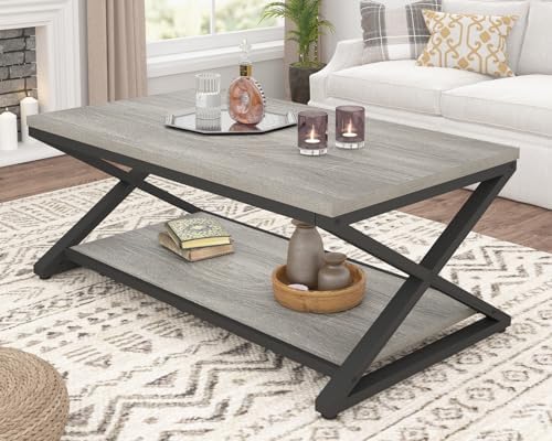 HSH Wood Coffee Table with Storage, Farmhouse Rustic Brown Coffee Table for Living Room, Modern Minimalist 2 Tier Center Table, Simple Rectangle Cocktail Tea Table in Home Office Bedroom, 39 Inch