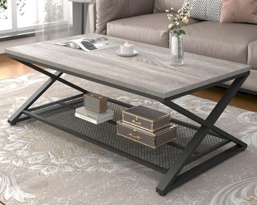 LVB Coffee Table for Living Room, 2 Tier Tea Table, 47 inch, Rustic Brown | Industrial Metal Wood Coffee Table with Storage, Farmhouse Wooden Rectangle Center Table with Mesh Shelf for Office Bedroom — Light Grey Oak / 47 inch (2)