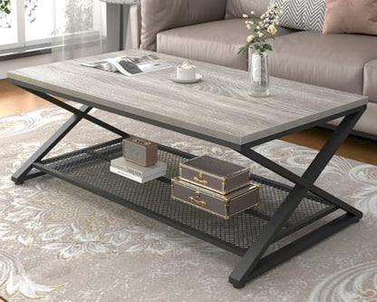 LVB Coffee Table for Living Room, 2 Tier Tea Table, 47 inch, Rustic Brown | Industrial Metal Wood Coffee Table with Storage, Farmhouse Wooden Rectangle Center Table with Mesh Shelf for Office Bedroom — Light Grey Oak / 47 inch (2)