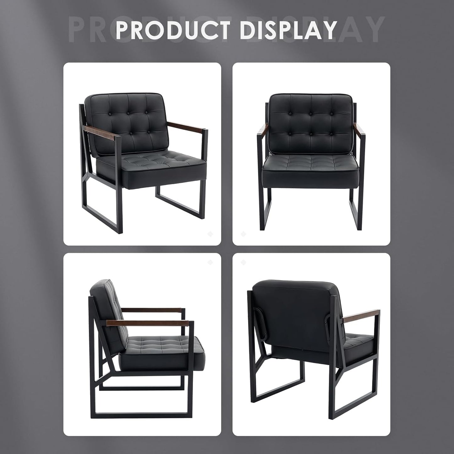 COLAMY Mid Century Modern Accent Chair Set of 2, Comfy Living Room Chair, Black Leather Accent Chair, Faux Leather Reception Armchair with Metal Legs for Living Room Bedroom Reception Office, Black — Black / Set of 2 (8)