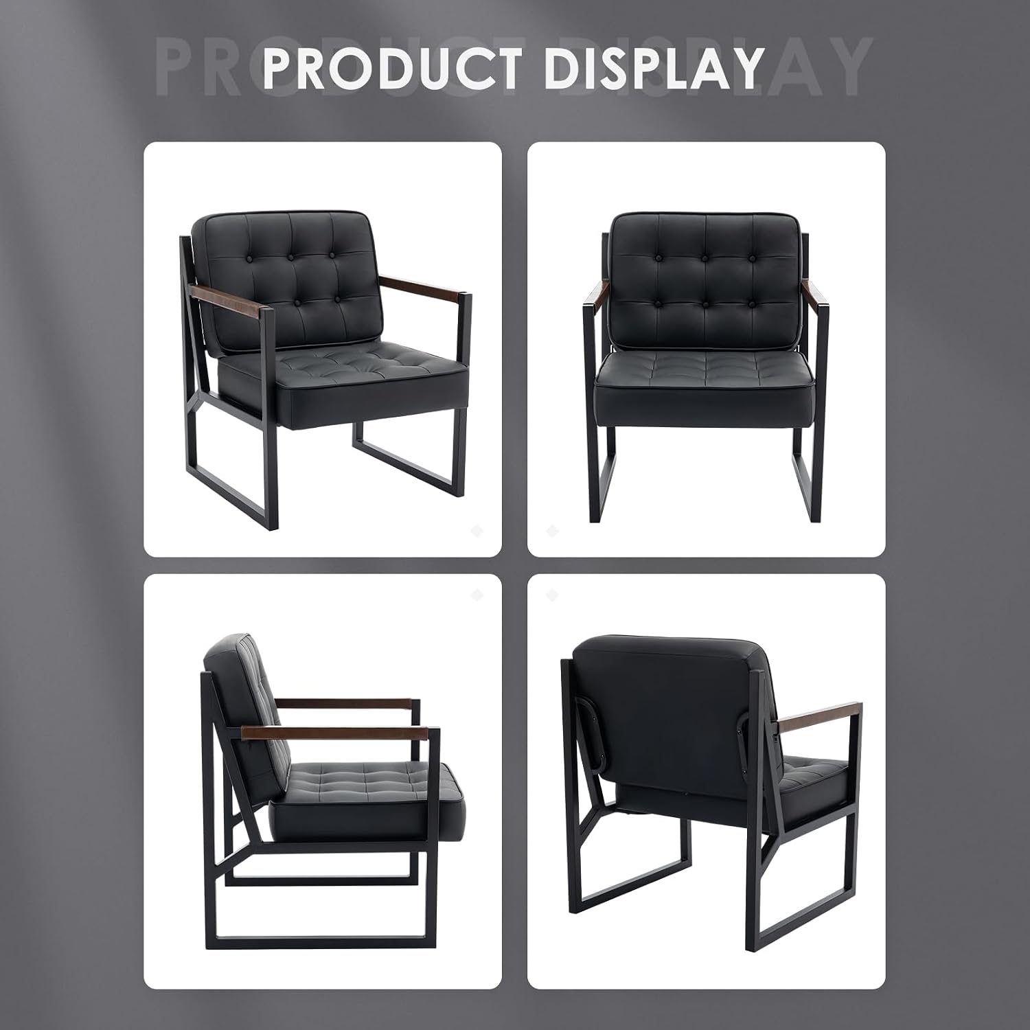 COLAMY Mid Century Modern Accent Chair Set of 2, Comfy Living Room Chair, Black Leather Accent Chair, Faux Leather Reception Armchair with Metal Legs for Living Room Bedroom Reception Office, Black — Black / Set of 2 (8)
