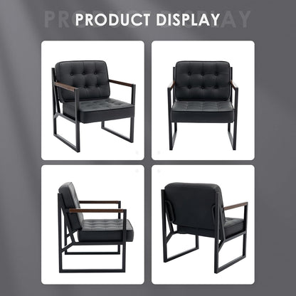 COLAMY Mid Century Modern Accent Chair Set of 2, Comfy Living Room Chair, Black Leather Accent Chair, Faux Leather Reception Armchair with Metal Legs for Living Room Bedroom Reception Office, Black — Black / Set of 2 (8)