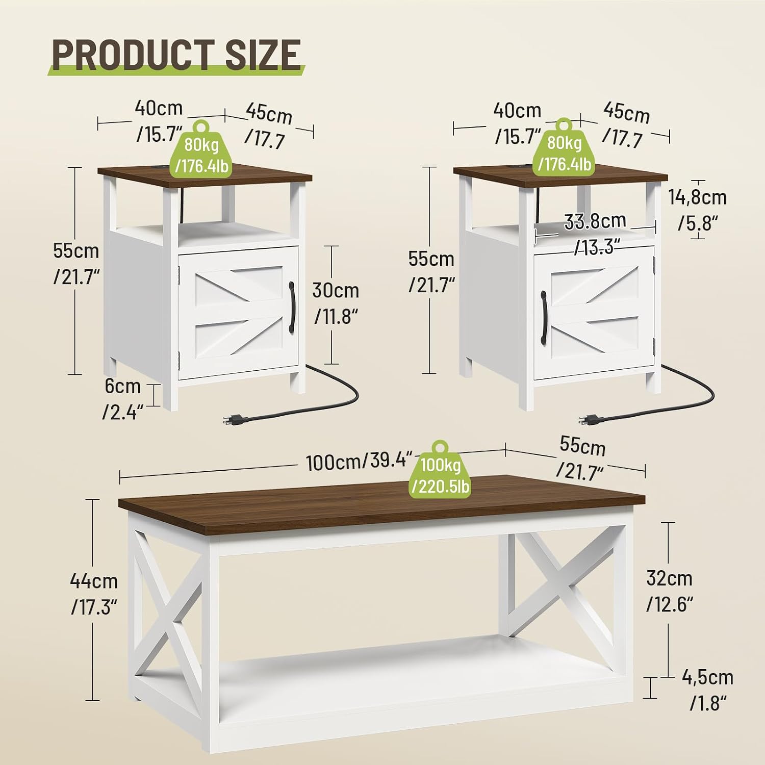 3 Pieces Farmhouse Coffee Table and End Table Sets with AC | 2 Side Tables with USB Ports for Living Room, Office, Apartment, White and Walnut