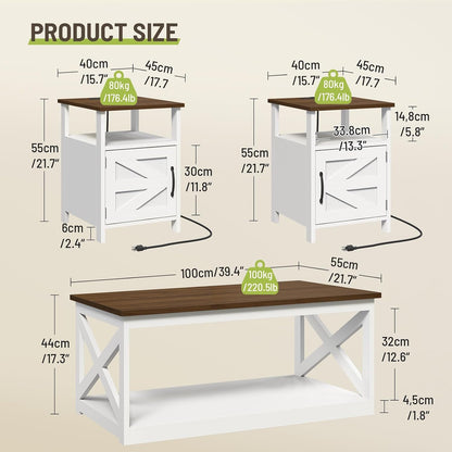 3 Pieces Farmhouse Coffee Table and End Table Sets with AC | 2 Side Tables with USB Ports for Living Room, Office, Apartment, White and Walnut
