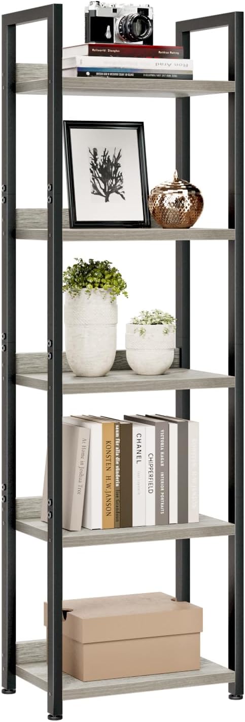 NUMENN Bookshelf, 5 Tier Bookshelves, Home Office Bookcase Shelf Storage Organizer, Free Standing Storage Shelving Unit for Bedroom, Living Room and Home Office, Vintage — 5 Tier(Narrow) / Grey