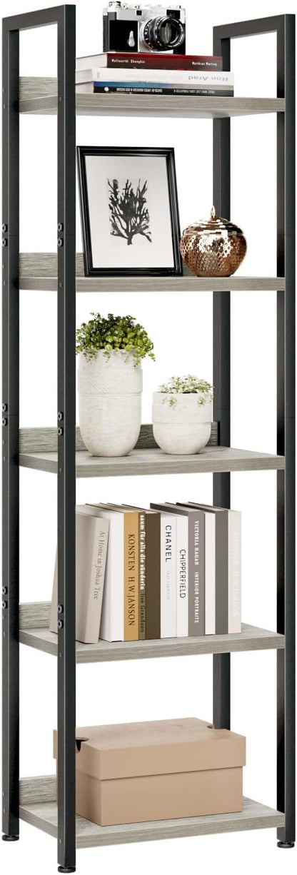 NUMENN Bookshelf, 5 Tier Bookshelves, Home Office Bookcase Shelf Storage Organizer, Free Standing Storage Shelving Unit for Bedroom, Living Room and Home Office, Vintage — 5 Tier(Narrow) / Grey