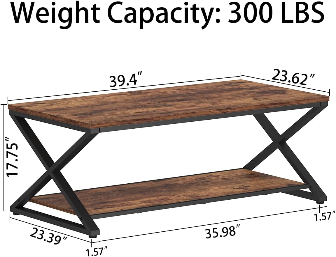 HSH Wood Coffee Table with Storage, Farmhouse Rustic Brown Coffee Table for Living Room, Modern Minimalist 2 Tier Center Table, Simple Rectangle Cocktail Tea Table in Home Office Bedroom, 39 Inch — 39 Inch / Rustic Brown (2)