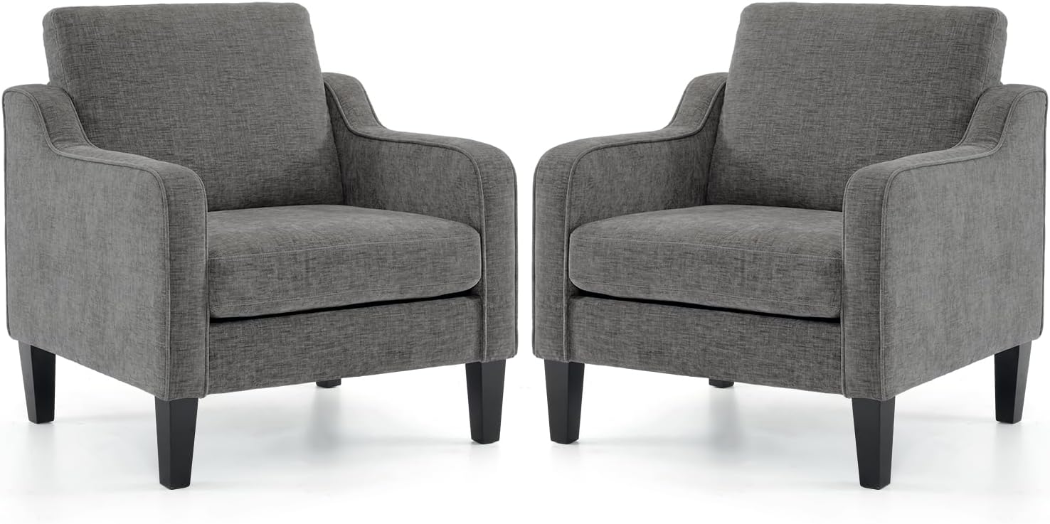 VINGLI Modern Accent Chairs Set of 2, Beige Living Room Chairs Comfy Armchair for Bedroom, Upholstered Sofa Chair Reading Chair for Small Spaces, Apartment, Waiting Room — 2 / Light Grey Chenille