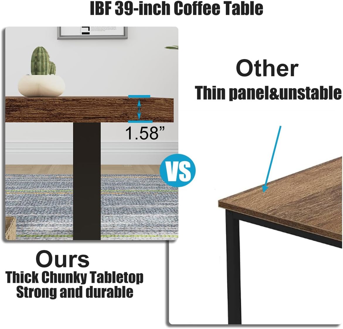 IBF Rustic Coffee Table, Industrial Simple Wooden Living Room Table, Modern Minimalist Farmhouse Rectangle Center Table, Wood and Metal Vintage Tea Coffee Table for Home Bedroom, Rustic Brown, 39 Inch — Rustic Brown / 39 inch (5)