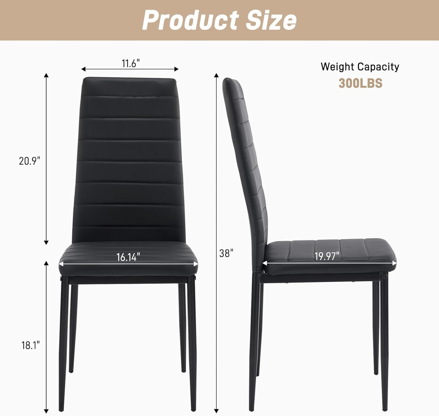 Karl home Dining Chairs Set of 4, PU Leather & High Back, Black | Black kitchen chairs with padded seats & foot cap protection for dining kitchen living room,300lbs capacity,space-saving — Black / Set of 4 (2)