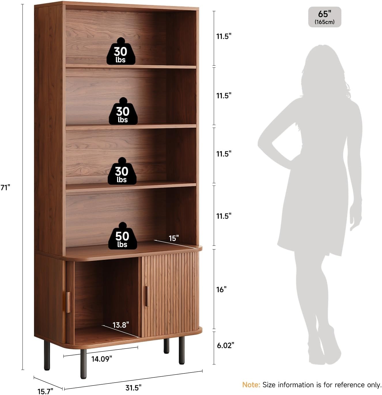 ONBRILL 71" Tall Bookshelf, 4-Tier Bookcase with Storage Cabinet & Adjustable Storage Shelf, Freestanding Wood Bookshelf with Sliding Door and Adjustable Footpad, for Home Office, Living Room, Walnut — Walnut (2)