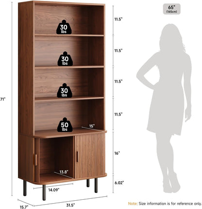ONBRILL 71" Tall Bookshelf, 4-Tier Bookcase with Storage Cabinet & Adjustable Storage Shelf, Freestanding Wood Bookshelf with Sliding Door and Adjustable Footpad, for Home Office, Living Room, Walnut — Walnut (2)