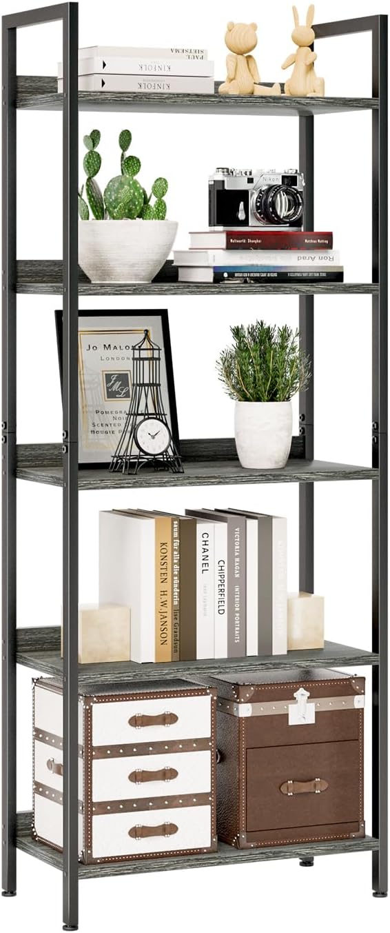 NUMENN Bookshelf, 5 Tier Bookshelves, Home Office Bookcase Shelf Storage Organizer, Free Standing Storage Shelving Unit for Bedroom, Living Room and Home Office, Vintage — 5 Tier(Wide) / Dark Grey