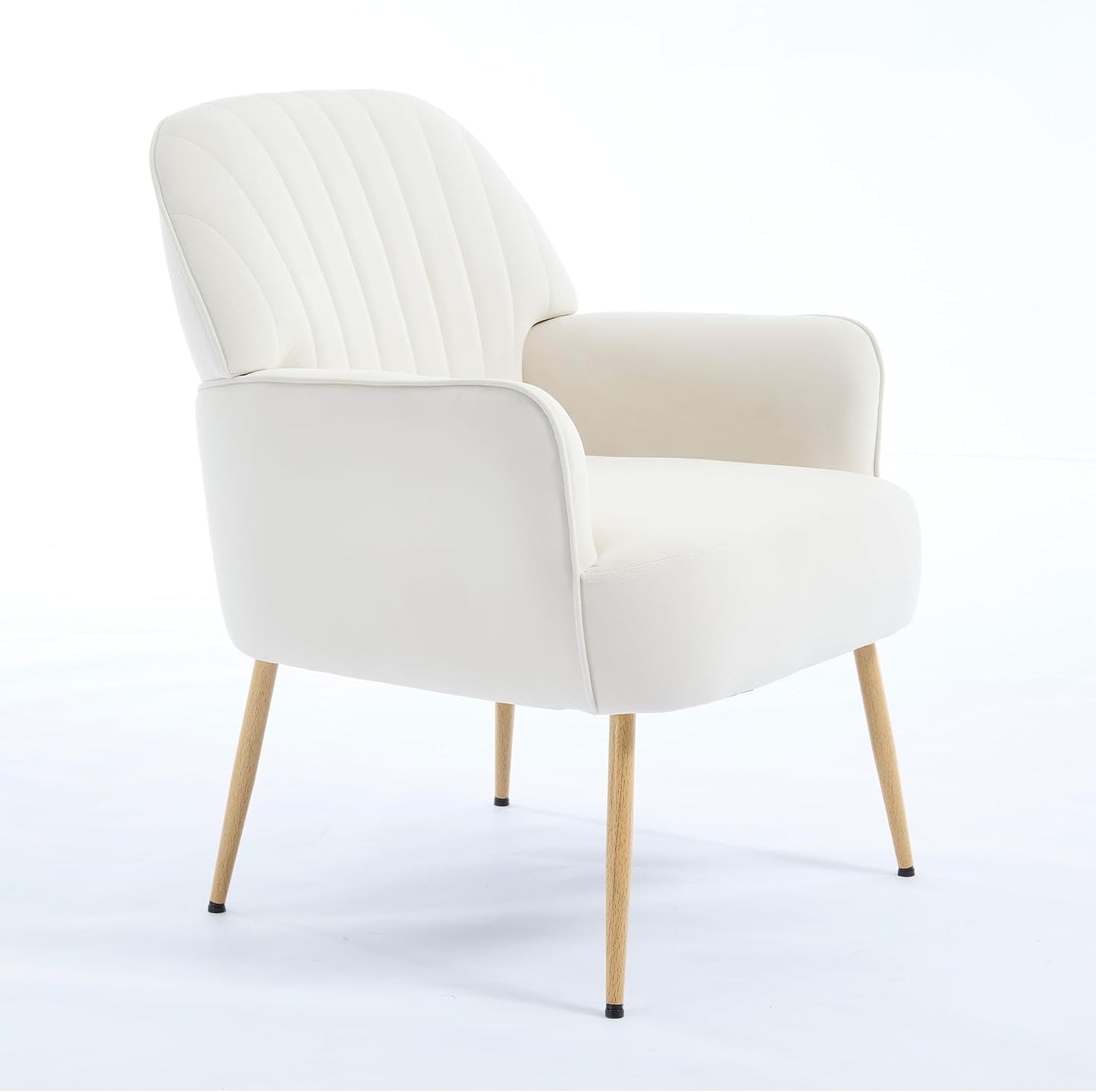 Velvet Accent Chair, Channel Tufted Shell Back Armchair, Ergonomic Upholstered Reading Chair with Wood Legs, Modern Single Sofa Chair for Living Room, Bedroom, Vanity (Gray) — Cream White