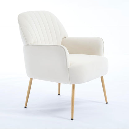 Velvet Accent Chair, Channel Tufted Shell Back Armchair, Ergonomic Upholstered Reading Chair with Wood Legs, Modern Single Sofa Chair for Living Room, Bedroom, Vanity (Gray) — Cream White