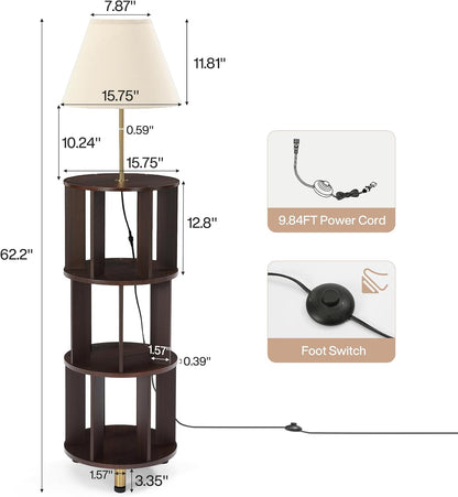 Tribesigns 62.2'' Wood Bookcase with Light, 4 Tier Bookshelf Floor Lamp | Modern Freestanding Storage Shelf with Linen Fabric Shade, Corner Bookcase with Reading Light for Living Room, Bedroom