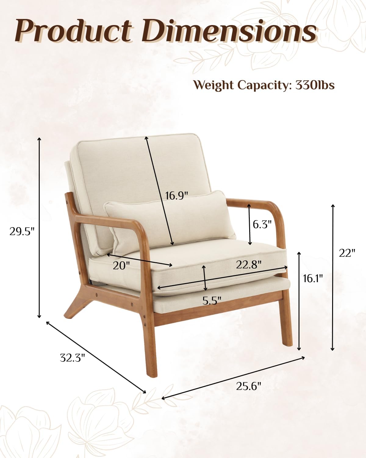 Karl home Mid-Century Modern Accent Reading Chair, Beige | Linen Upholstered, Solid Wood Frame, Soft Cushion, Lumbar Pillow, Lounge Armchair for Living Room, Bedroom, Balcony, Study — Linen Beige (2)