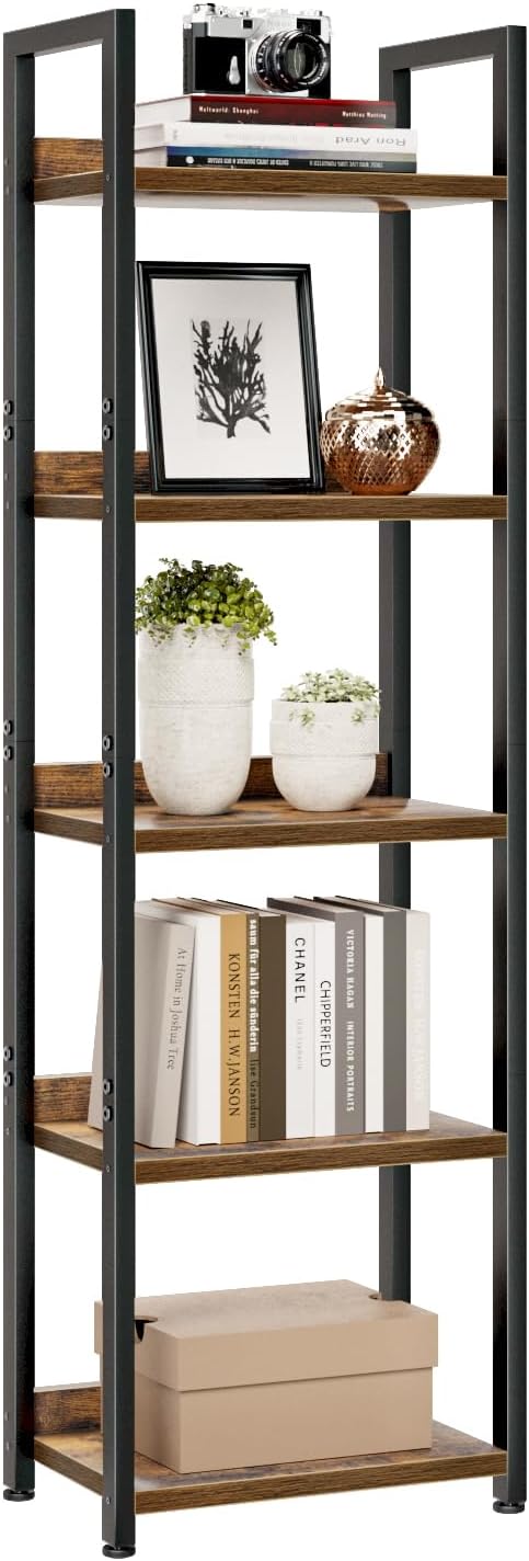 NUMENN Bookshelf, 5 Tier Bookshelves, Home Office Bookcase Shelf Storage Organizer, Free Standing Storage Shelving Unit for Bedroom, Living Room and Home Office, Vintage — 5 Tier(Narrow) / Vintage
