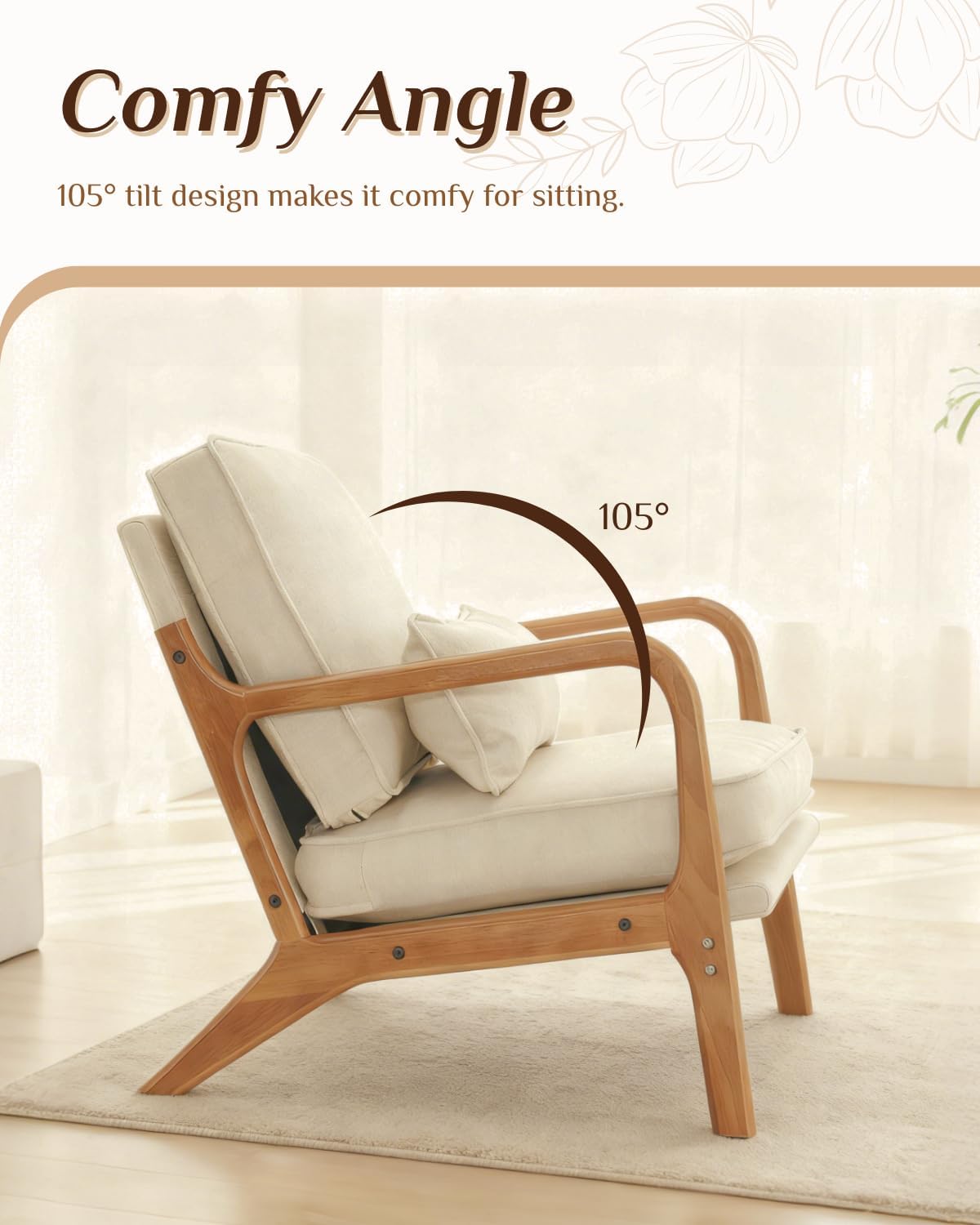 Karl home Mid-Century Modern Accent Reading Chair, Beige | Linen Upholstered, Solid Wood Frame, Soft Cushion, Lumbar Pillow, Lounge Armchair for Living Room, Bedroom, Balcony, Study — Linen Beige (5)