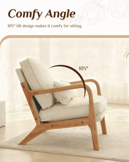 Karl home Mid-Century Modern Accent Reading Chair, Beige | Linen Upholstered, Solid Wood Frame, Soft Cushion, Lumbar Pillow, Lounge Armchair for Living Room, Bedroom, Balcony, Study — Linen Beige (5)