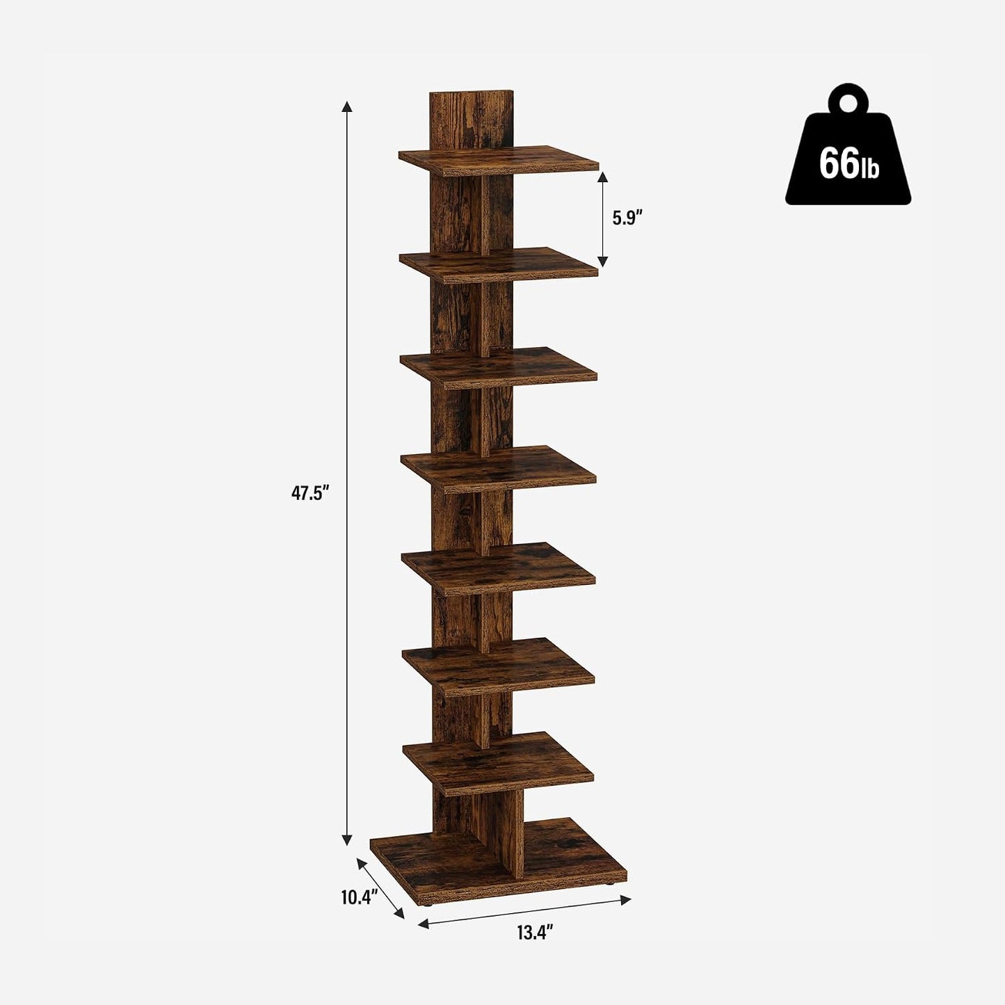 TUTOTAK Book Shelf, Narrow Spine Bookshelf, 8-Tier Bookcase for Small Space | 10.4 x 13.4 x 47.5 Inches Vertical Freestanding Corner Shelf for Living Room, Office, Study, Entryway, Brown BS06BB008 — 8 Tier / Rustic Brown (2)