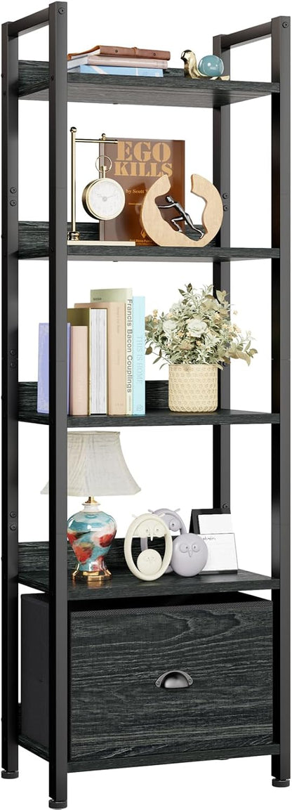 Furologee 5 Tier Bookshelf with Drawer, Tall Narrow Bookcase with Shelves, Wood and Metal Bookshelves Storage Organizer, Industrial Display Standing Shelf Unit for Bedroom, Living Room, Rustic Brown — Black Oak / 5 Tier -1 PCS
