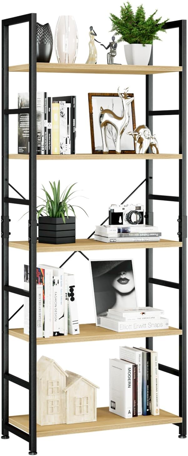 NUMENN 5 Tier Bookshelf, Tall Bookcase Shelf Storage Organizer, Modern Book Shelf for Bedroom, Living Room and Home Office, Vintage — 5 Tier / Natural