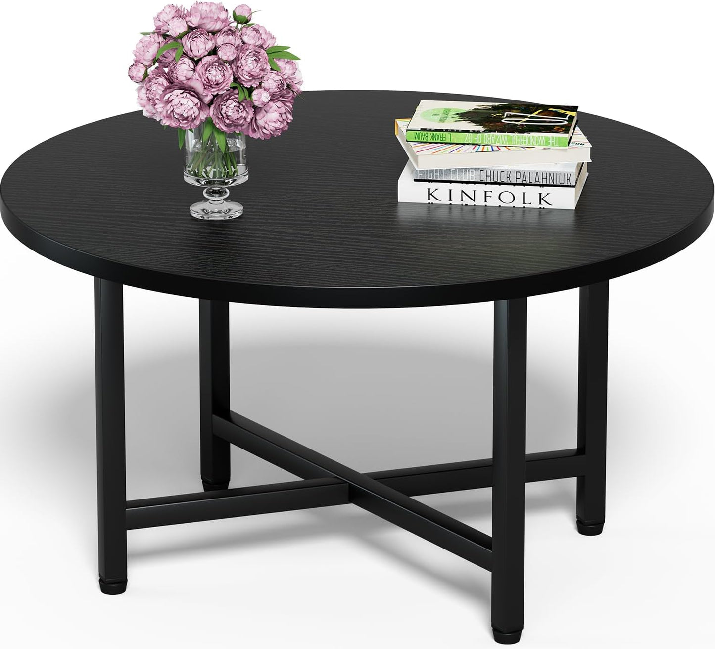 FAMIDGE Coffee Table, 23.6" Coffee Tables for Living Room, Round Coffee Table with Metal Frame, Floor Table for Sitting on The Floor, Home, Office, Black — Black / 1 Tier