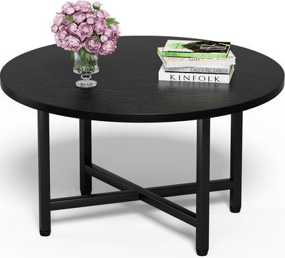 FAMIDGE Coffee Table, 23.6" Coffee Tables for Living Room, Round Coffee Table with Metal Frame, Floor Table for Sitting on The Floor, Home, Office, Black — Black / 1 Tier