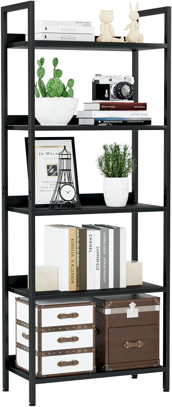 NUMENN Bookshelf, 5 Tier Bookshelves, Home Office Bookcase Shelf Storage Organizer, Free Standing Storage Shelving Unit for Bedroom, Living Room and Home Office, Vintage — 5 Tier(Wide) / Black