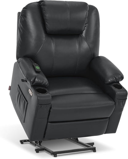 MCombo Electric Power Lift Recliner Chair Sofa with Massage and Heat for Elderly, 3 Positions, 2 Side Pockets, and Cup Holders, USB Ports, Faux Leather 7040 (Grey, Medium) — Large-Wide / Black