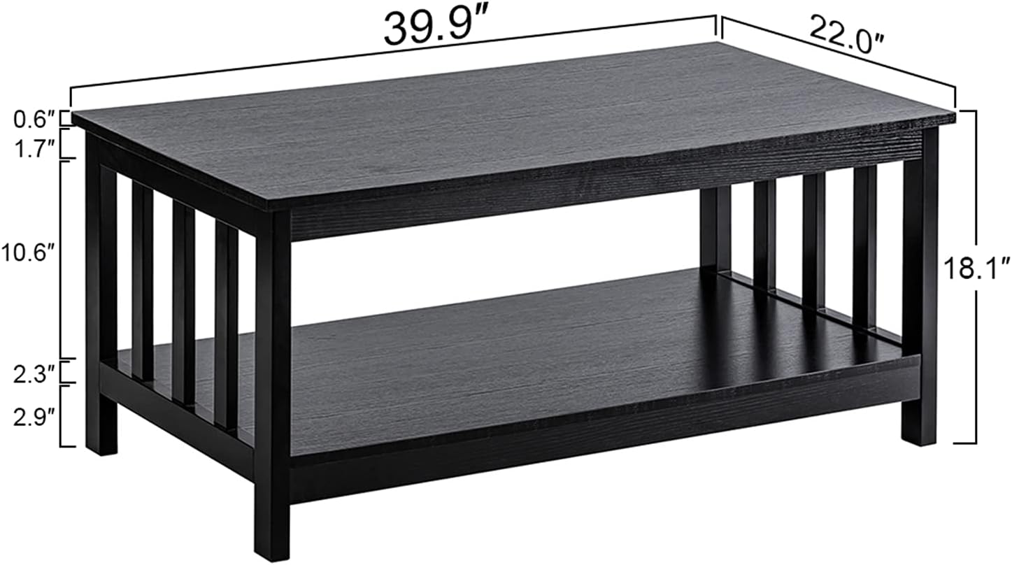 ChooChoo Mission Coffee Table, Black Wood Living Room Table with Shelf, 40 Black — Black / 22"D x 39.9"W x 18.1"H (2)