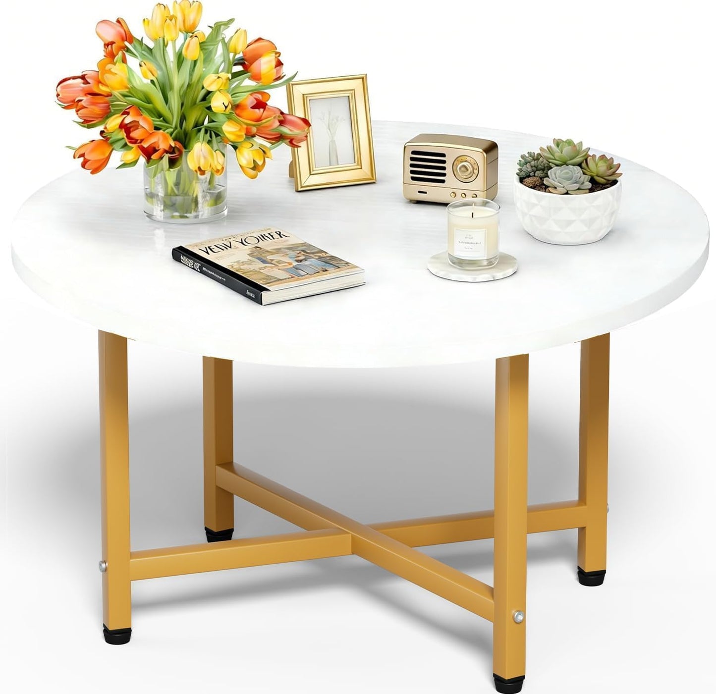 FAMIDGE Coffee Table, 23.6" Coffee Tables for Living Room, Round Coffee Table with Metal Frame, Floor Table for Sitting on The Floor, Home, Office, Black — Style4 White & Gold(23.6dx17.7h) / 1 Tier