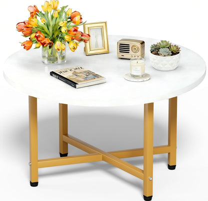 FAMIDGE Coffee Table, 23.6" Coffee Tables for Living Room, Round Coffee Table with Metal Frame, Floor Table for Sitting on The Floor, Home, Office, Black — Style4 White & Gold(23.6dx17.7h) / 1 Tier