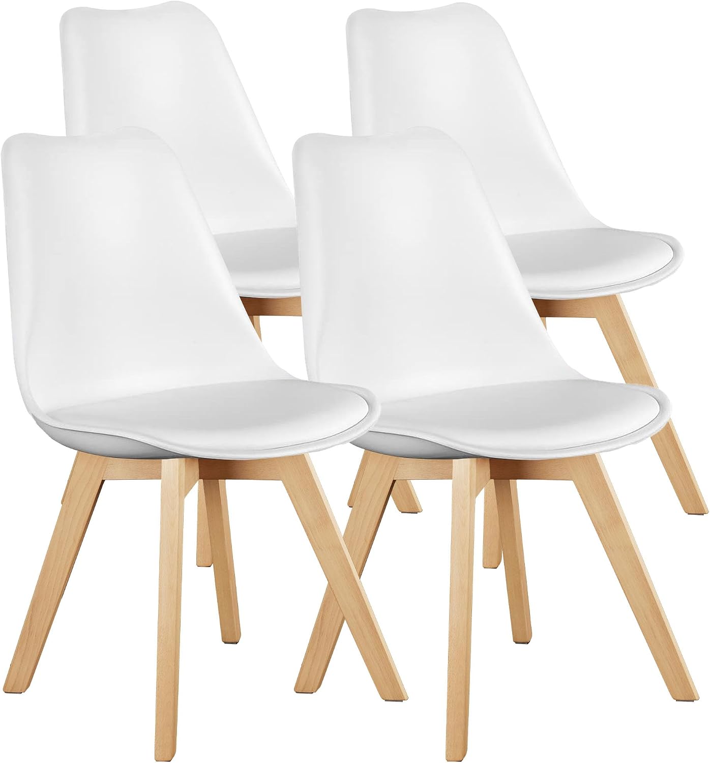 OLIXIS Dining Chairs Set of 4, Mid Century Modern Accent Chairs with Curved Backrest and Wood Legs, PU Leather Upholstered Kitchen Side Chair for Living Room, Bedroom, Outdoor Patio, White — White / 4 PC