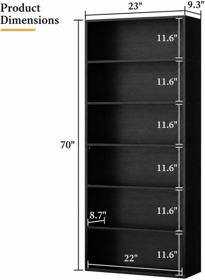 6-Tier Bookshelf, Modern Open Bookcase,6 Shelf Display Storage Shelves Floor Standing, 71 inches Tall Shelves for Home Office, Black — Black (2)