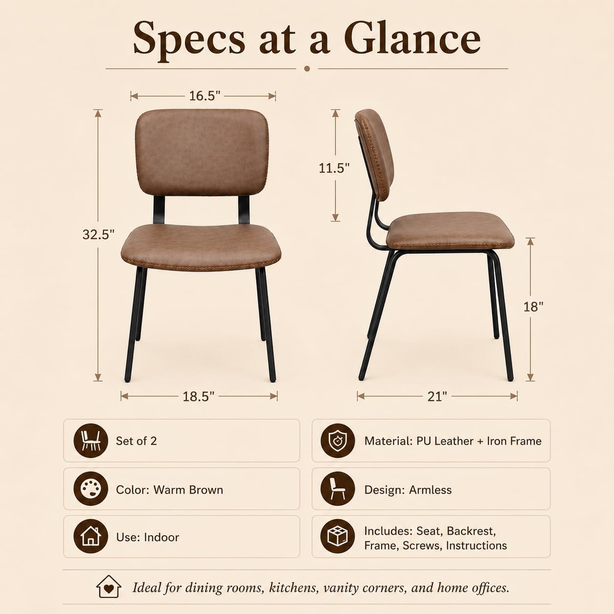 Brown Dining Chairs Set of 2, Faux Leather Upholstered Kitchen & Dining Room Chairs with Back, Modern Armless Side Chairs with Black Metal Legs for Dining Room, Kitchen, Vanity, Guest Room