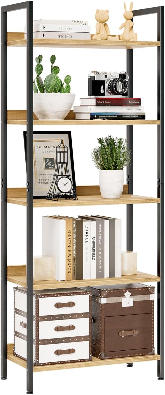 NUMENN Bookshelf, 5 Tier Bookshelves, Home Office Bookcase Shelf Storage Organizer, Free Standing Storage Shelving Unit for Bedroom, Living Room and Home Office, Vintage — 5 Tier(Wide) / Natural