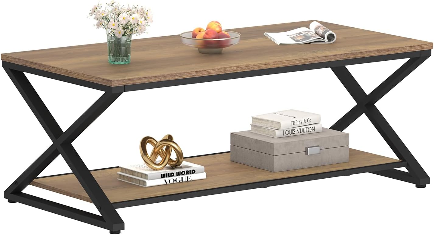 HSH Rustic Farmhouse Coffee Table, Modern Minimalist Wood and Metal Living Room Table, 2 Tie Rectangle Center Table with Storage & Display Shelf, Simple Office Cocktail Tea Table, Rustic Oak, 39 Inch — 39 Inch / Rustic Oak (9)