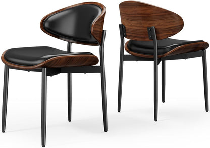 Dining Chairs Set of 4, Mid-Century Modern Upholstered PU Leather Chairs | with Walnut Bentwood Back and Metal Legs Adjustable Feet for Kitchen Dining Room, Camel Shell Strips — Black Pu / 2