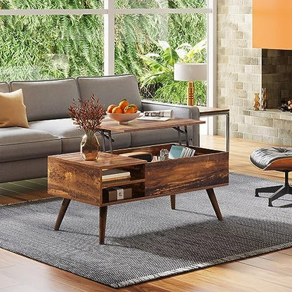 WLIVE Coffee Table with Lifting Top, Hidden Storage & Adjustable Shelf for Living Room Small Space, Multifunctional Rising Wooden Center Table, Mid Century Modern Tables for Home Dining Office, Brown