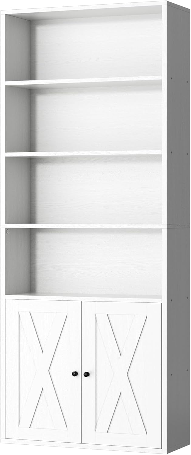 Shintenchi Bookshelf, Industrial Bookshelves and Bookcases with Doors Floor Standing 6 Shelf Display Storage Shelves 70.9 inches Tall Bookcase for Home Office, Living Room (Black) — White