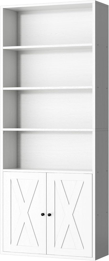 Shintenchi Bookshelf, Industrial Bookshelves and Bookcases with Doors Floor Standing 6 Shelf Display Storage Shelves 70.9 inches Tall Bookcase for Home Office, Living Room (Black) — White