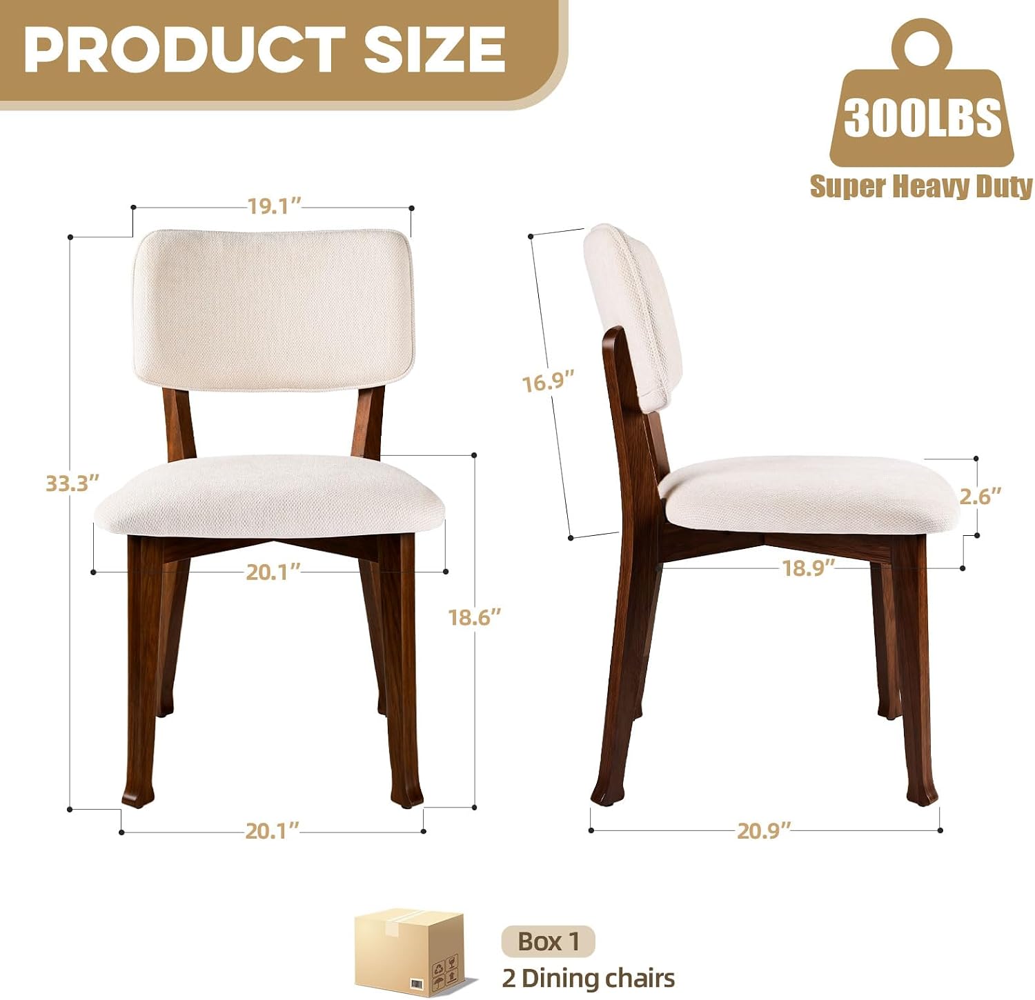Wooden Dining Chairs Set of 2, Mid Century Modern Kitchen Chairs with Fabric Upholstered and Curved Backrest for Dining Room, Restaurant/Cafe, Walnut — Walnut / 2 (2)