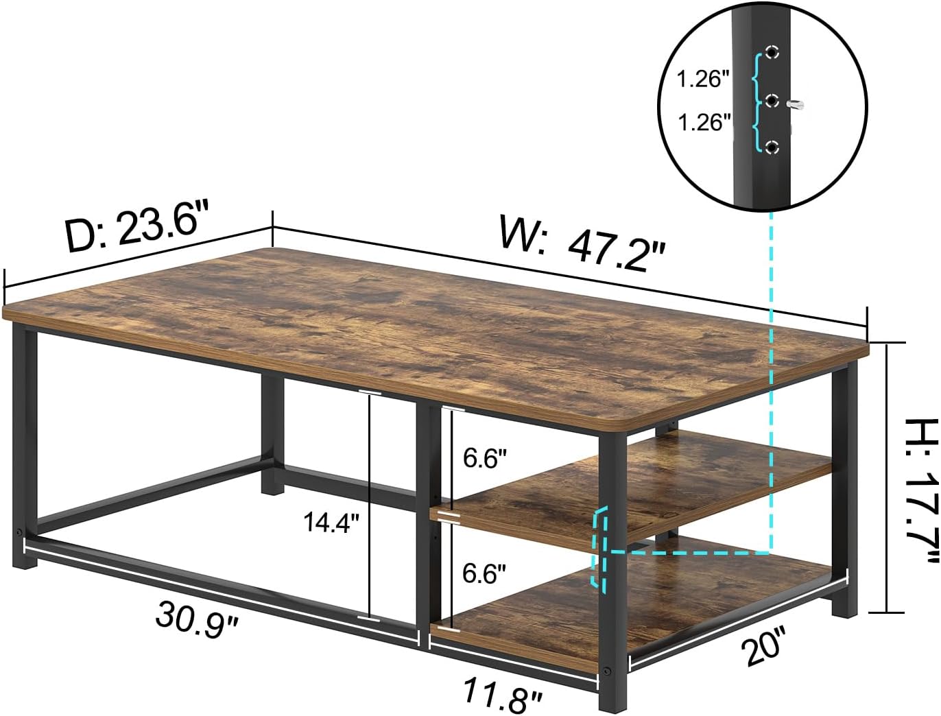 EXCEFUR Modern Coffee Table, Rustic Wood and Metal Living Room Table with Storage Shelf, Industrial Brown, 47 Inch — Rustic Brown (2)