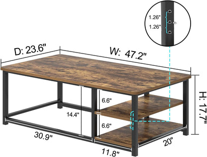EXCEFUR Modern Coffee Table, Rustic Wood and Metal Living Room Table with Storage Shelf, Industrial Brown, 47 Inch — Rustic Brown (2)