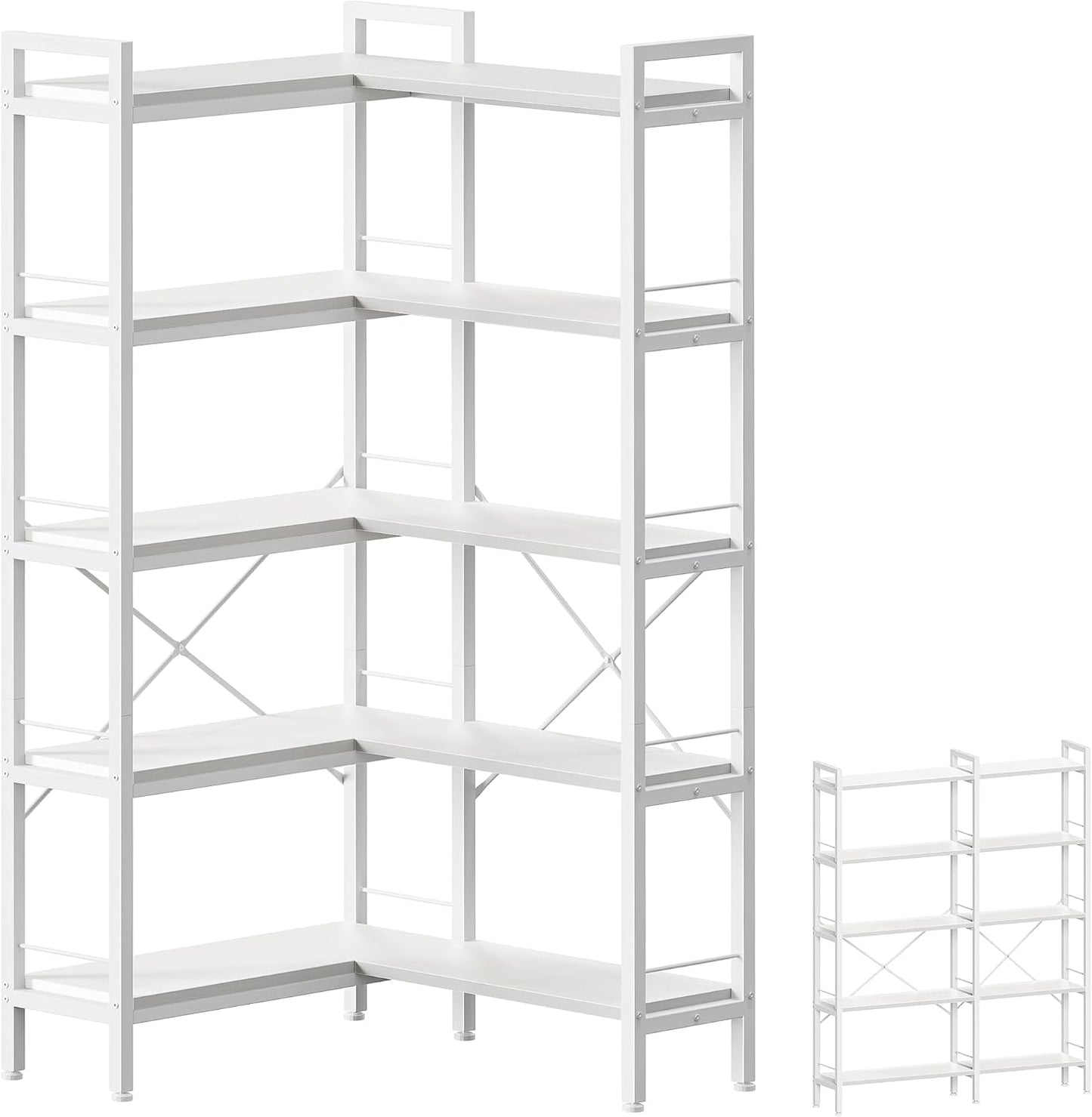 Huuger 5 Tier Bookshelf, L Shaped Corner Bookshelf with 10 Open Shelves, 49.4 Inch Straight Wide Bookcase with Metal Frame and Wooden Board, Adjustable Feet, Rustic Brown — 5 Tier / White